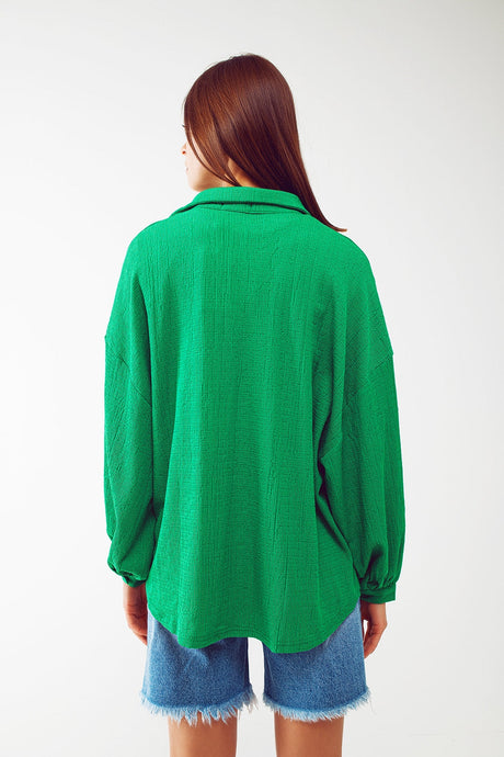 Textured Shirt With Balloon Sleeves in Green