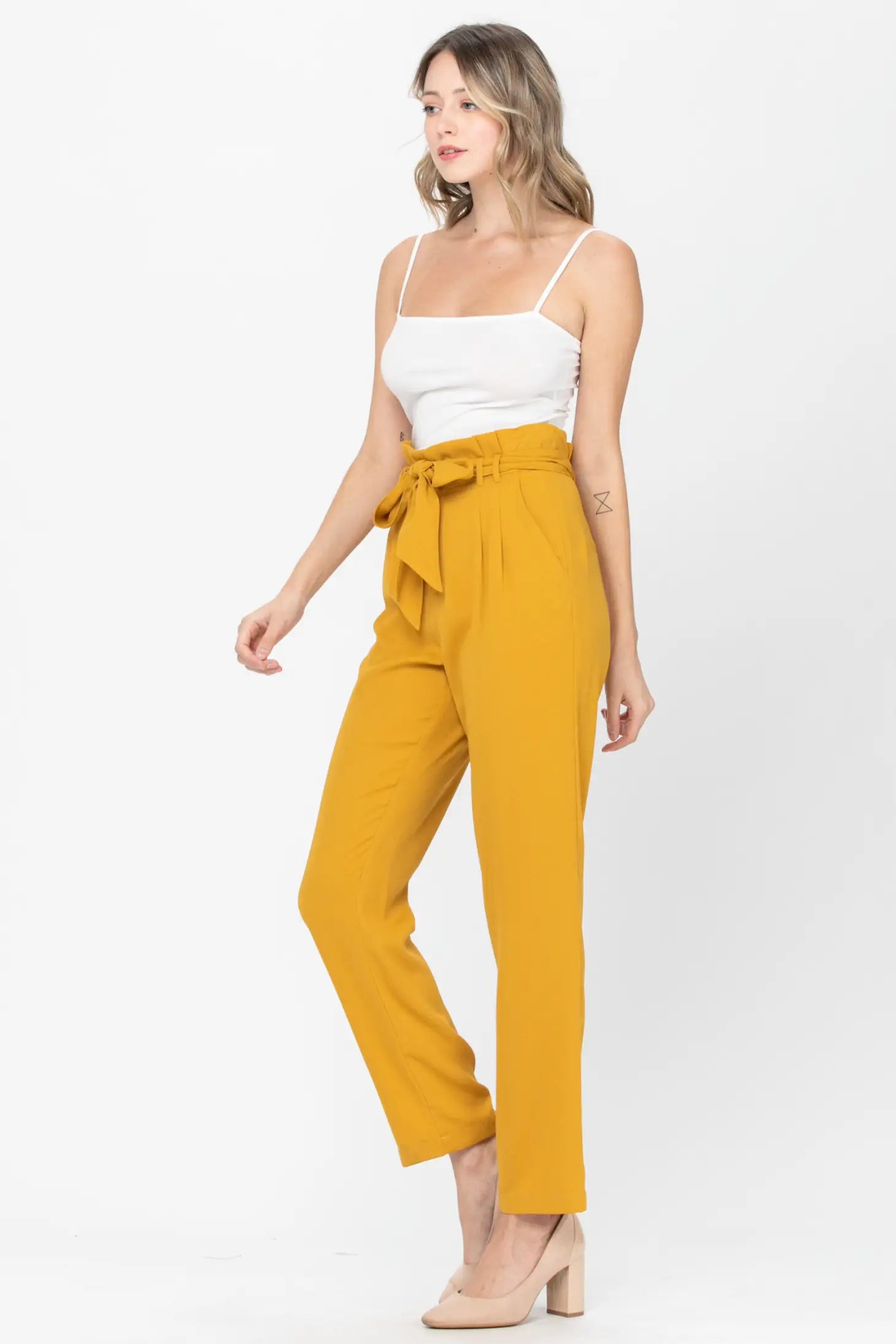 Belted Detail Straight Pants - Mustard-Neon Blush-S-Urbanheer