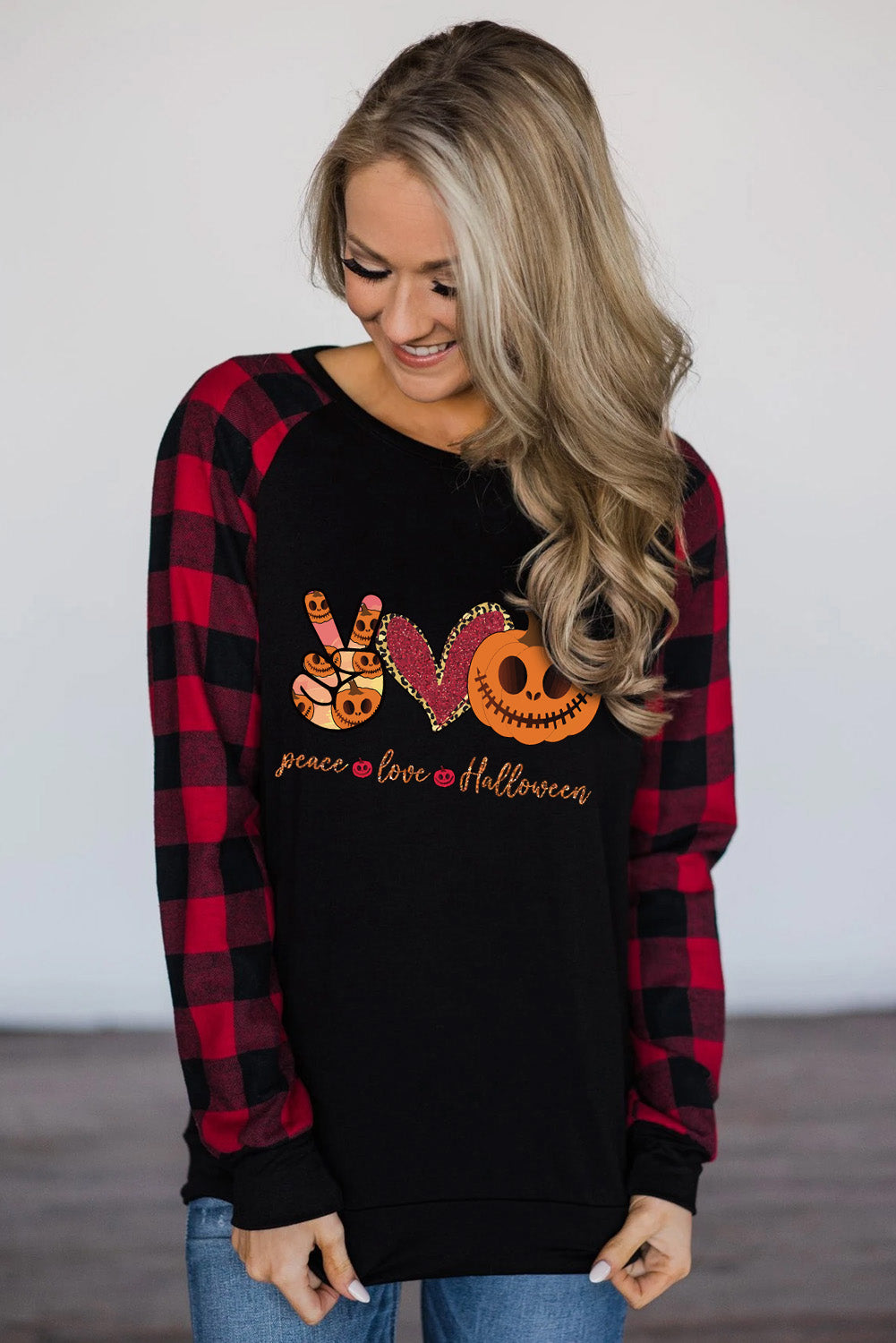 Halloween Letter Pumpkin Print Plaid Raglan Sleeve Top-UHXC-Black-(US 4-6)S-Urbanheer