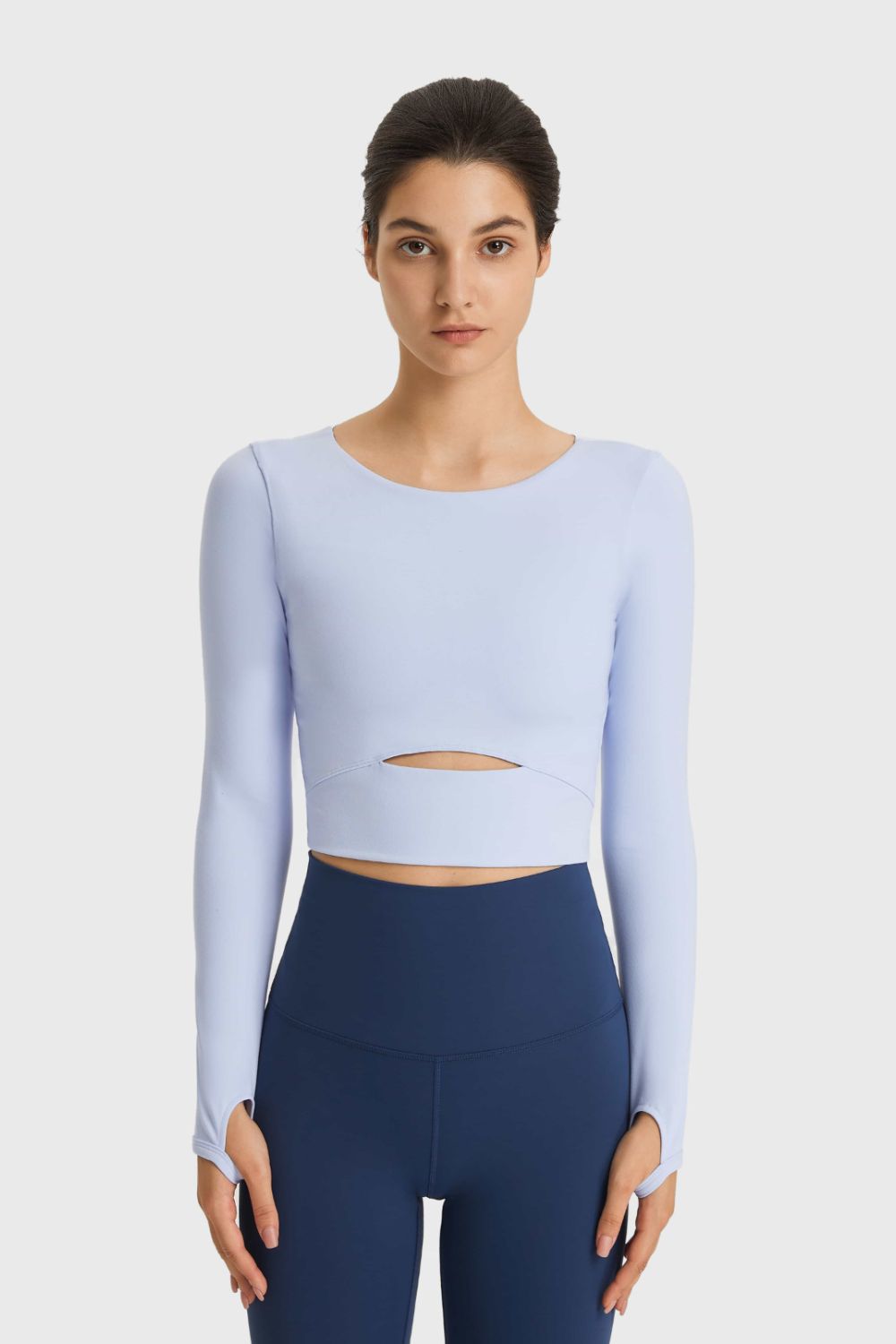 Cutout Long Sleeve Cropped Sports Top-Street 360-Sky Blue-4-Urbanheer