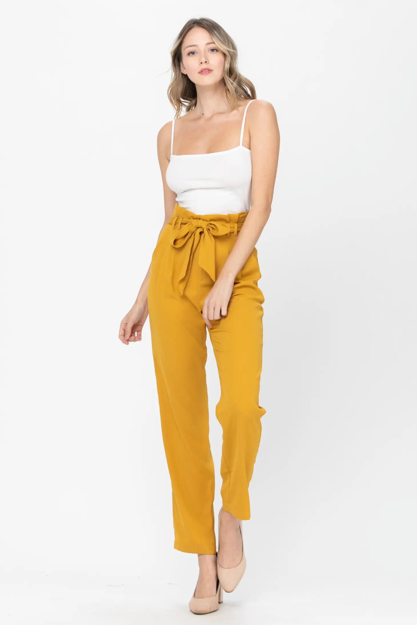 Belted Detail Straight Pants - Mustard-Neon Blush-S-Urbanheer