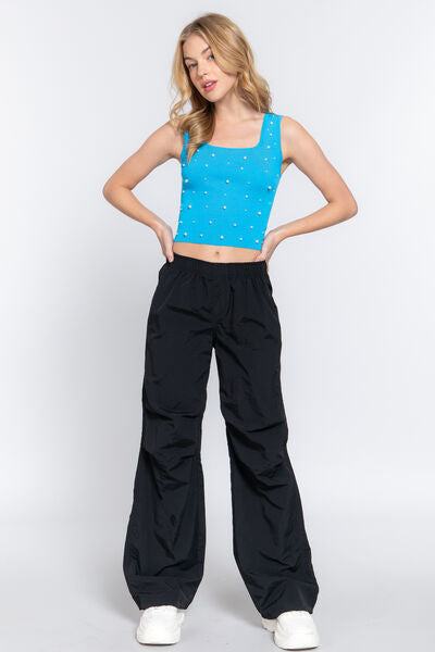 Active Basic Pearl Detail Square Neck Cropped Tank-Street 360-Aquablue-S-Urbanheer