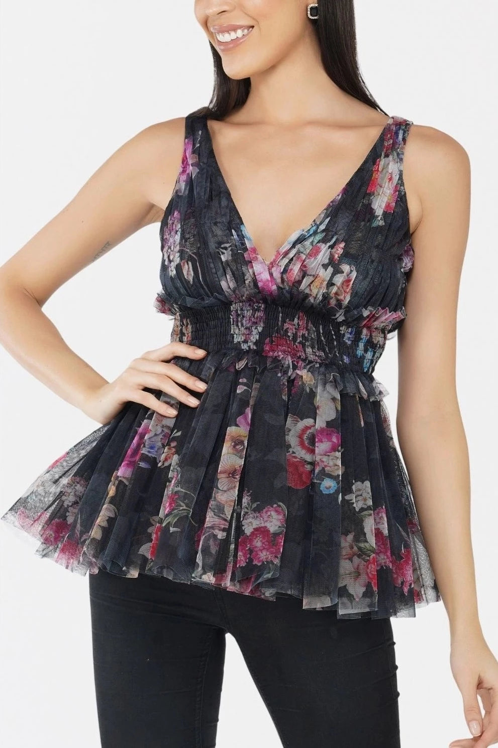 Rose Mesh Top In Dark Florals.-lace and beads-UK 8-Urbanheer