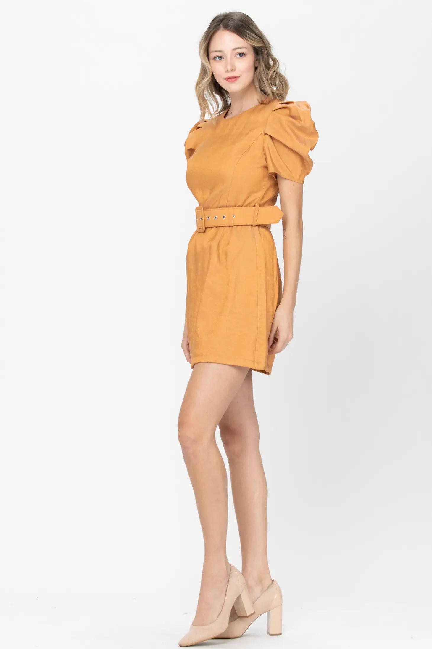 Bubble Sleeve Belted Mini Dress - Caramel-Neon Blush-S-Urbanheer