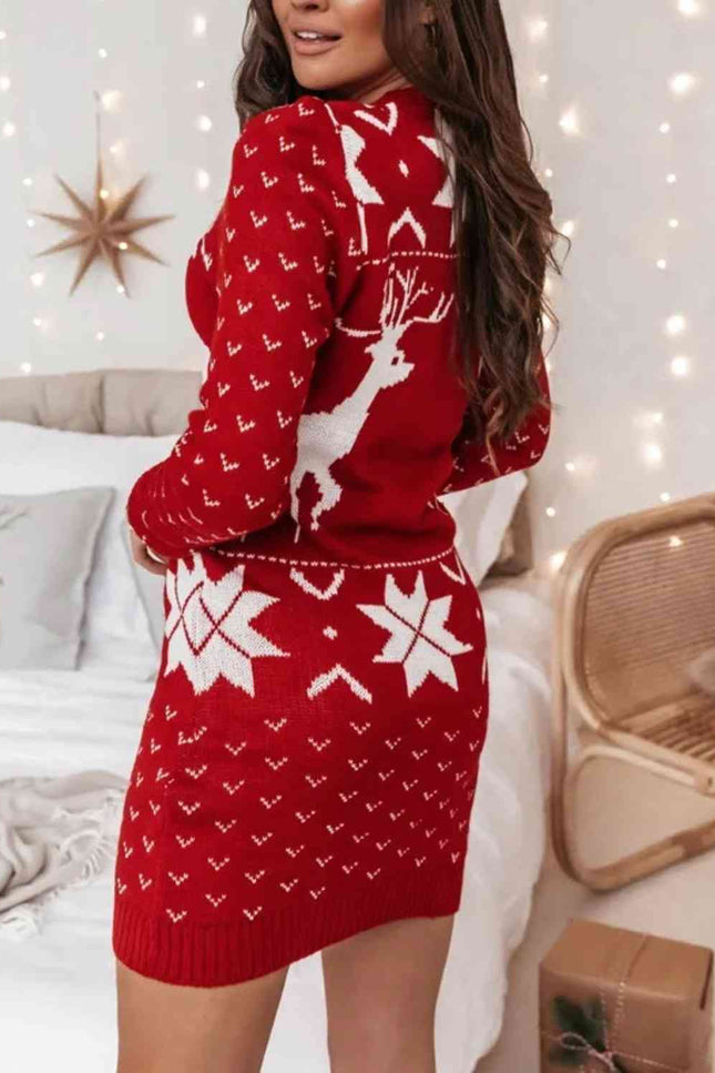 Reindeer Print Tunic Sweater Dress-UHX-Urbanheer