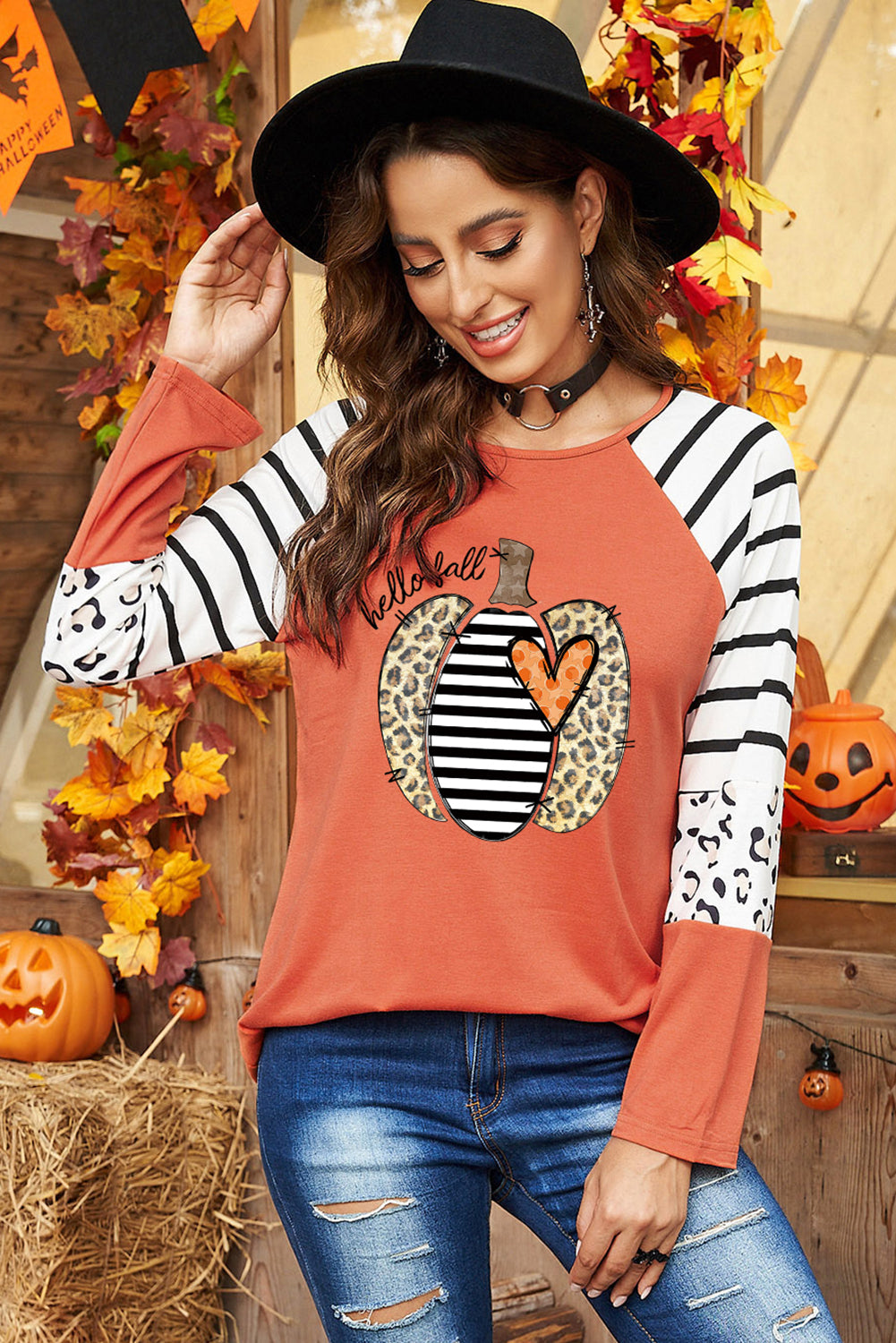 Halloween Pumpkin Stripes Leopard Long Sleeve Top-UHXC-Orange-(US 4-6)S-Urbanheer