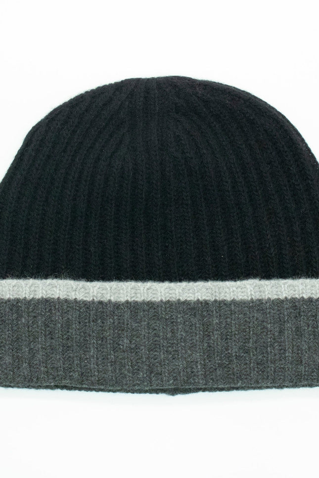 Men'S Color Block 100% Cashmere Hat-Men's Hats-Portolano Men-BLACK-Urbanheer