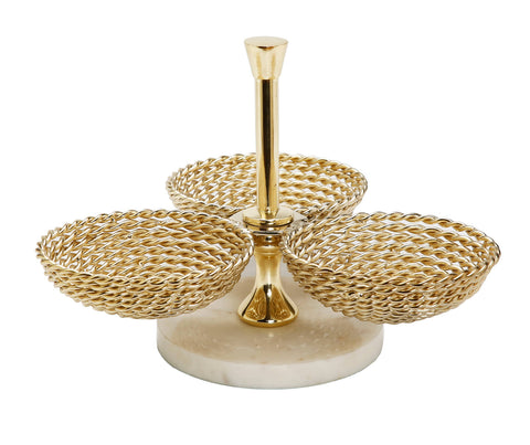 Triple Bowl Relish Dish Gold Rope Design and Marble Base-CLASSIC TOUCH DECOR INC.-Urbanheer
