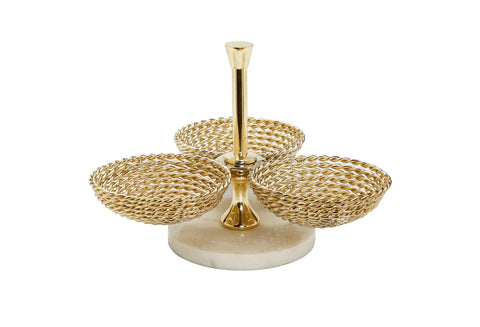 Triple Bowl Relish Dish Gold Rope Design and Marble Base-CLASSIC TOUCH DECOR INC.-Urbanheer