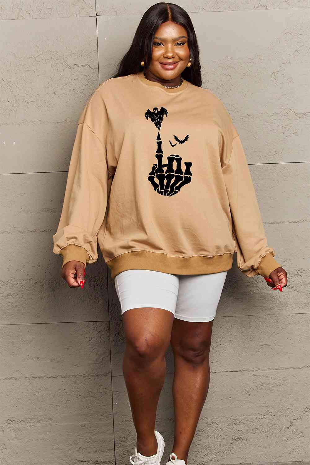 Simply Love Full Size Halloween Element Graphic Sweatshirt-Street 360-Khaki-S-Urbanheer