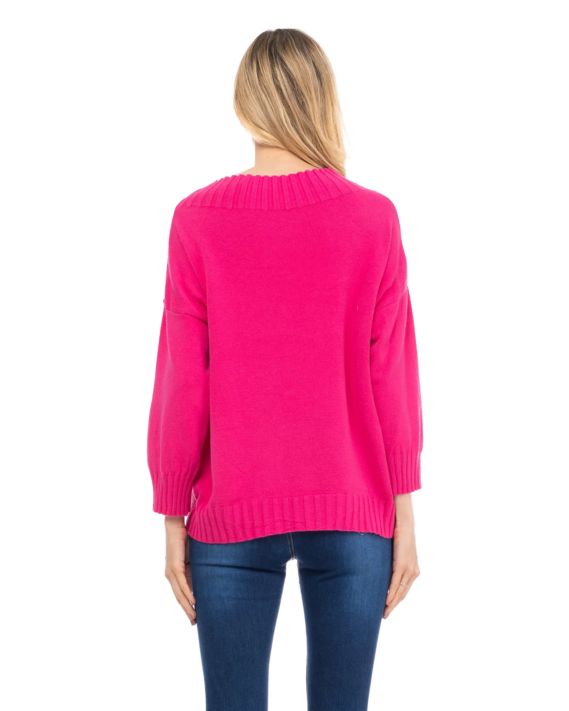 Fuchsia Knitted Sweater With Perkins Collar & French Sleeves.-Tantra-S-Urbanheer