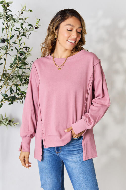 Culture Code Full Size Round Neck Exposed Seam Slit Top-Street 360-L. Red Bean-S-Urbanheer