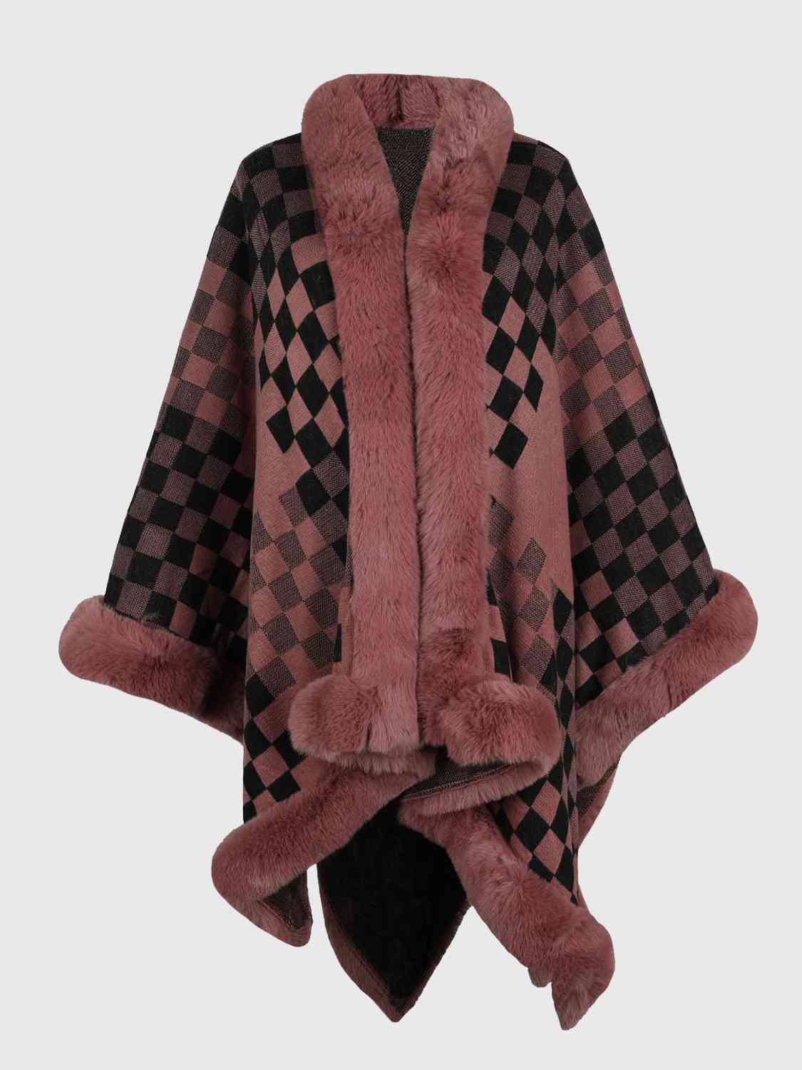 Checkered Faux Fur Trim Poncho-Street 360-Burnt Coral-One Size-Urbanheer