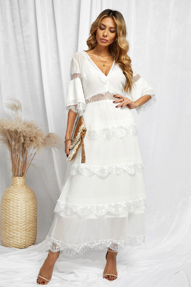 V-Neck Spliced Lace Maxi Dress-UHX-White-S-Urbanheer