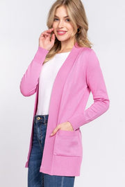 Active Basic Ribbed Trim Open Front Cardigan-Street 360-PINK-S-Urbanheer