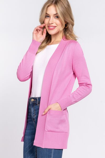 Active Basic Ribbed Trim Open Front Cardigan-Street 360-PINK-S-Urbanheer