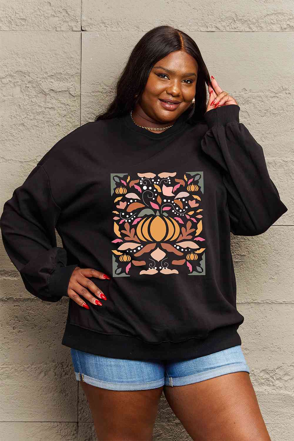 Simply Love Full Size Graphic Dropped Shoulder Sweatshirt-Street 360-Black-S-Urbanheer