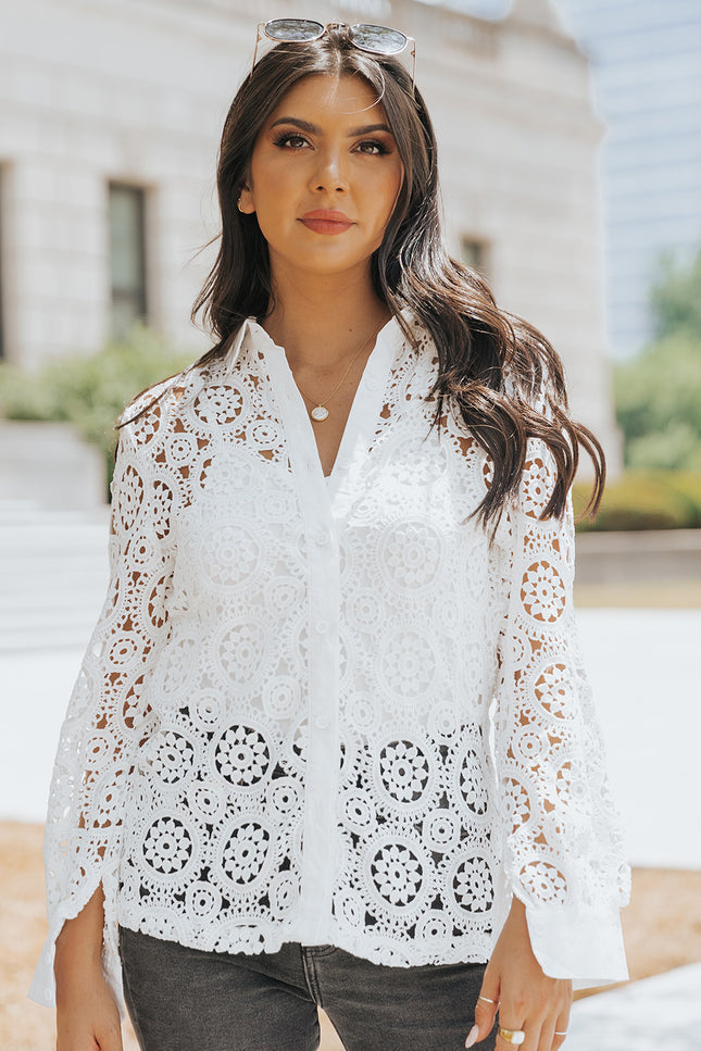 Button-Up Lace Collared Shirt-UHX-White-S-Urbanheer