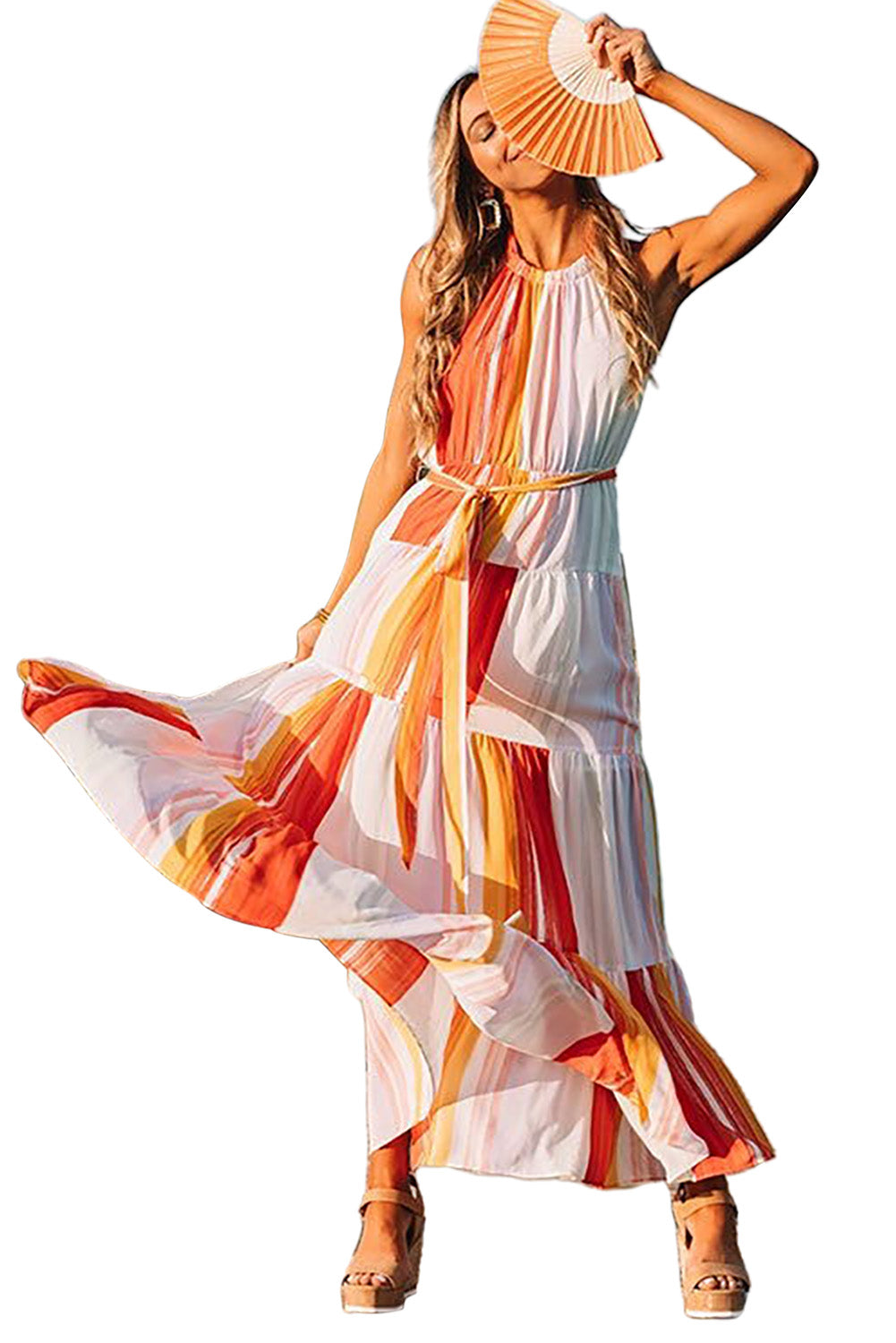 Multicolor Color Block Pleated Halter Neck Backless Maxi Dress - Multicolor / (US 12-14)L Multicolor Color Block Pleated Halter Neck Backless Maxi Dress - Multicolor / (US 12-14)L