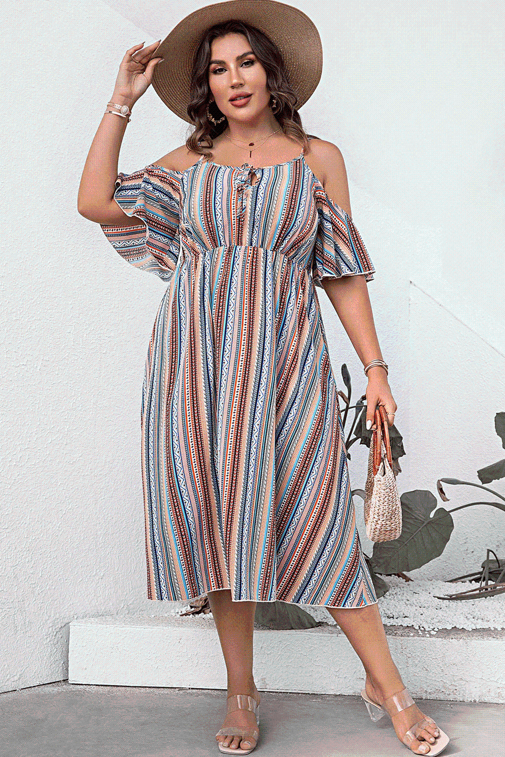 Plus Size Striped Cold-Shoulder Dress-Street 360-Multicolor-1XL-Urbanheer