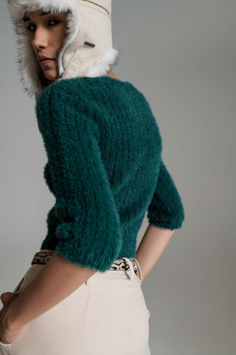 Dark Green Fluffy Knit Sweater With 3/4 Sleeves