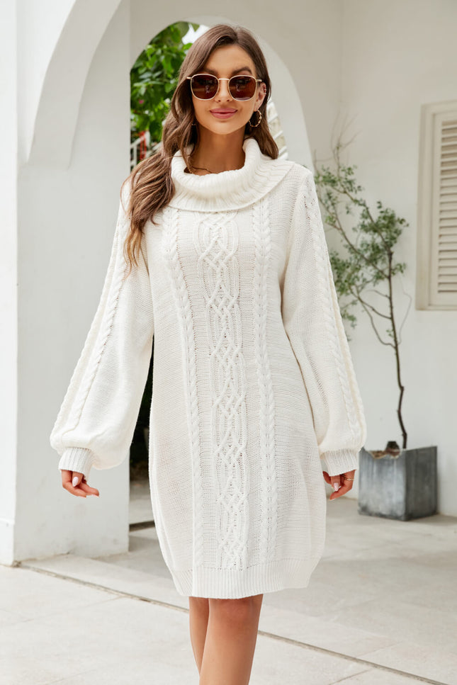 Mixed Knit Turtleneck Lantern Sleeve Sweater Dress-Collab-White-S-Urbanheer