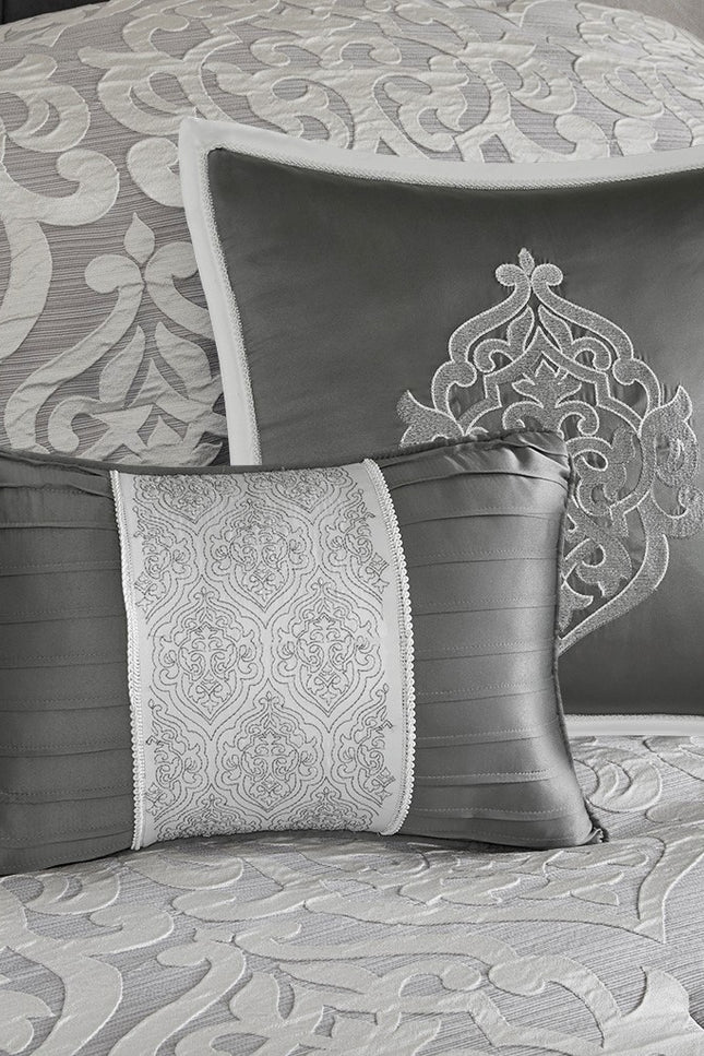 Classic Damask 8-Piece Jacquard Comforter Set, Grey/Silver-Olliix-Urbanheer