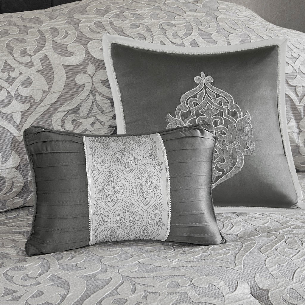 Classic Damask 8-Piece Jacquard Comforter Set, Grey/Silver-Olliix-Queen-Urbanheer