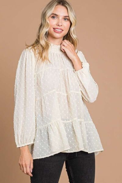 Culture Code Full Size Swiss Dot Smocked Mock Neck Blouse-Street 360-IVORY CREAM-S-Urbanheer