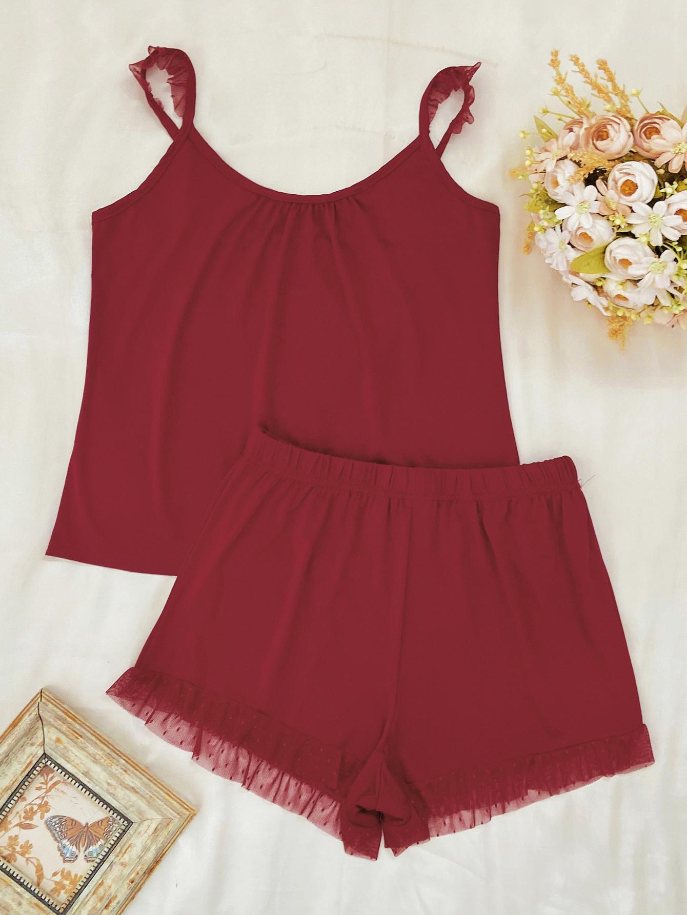 Gathered Detail Spliced Mesh Sleeveless Top And Shorts Lounge Set-Street 360-Red-S-Urbanheer