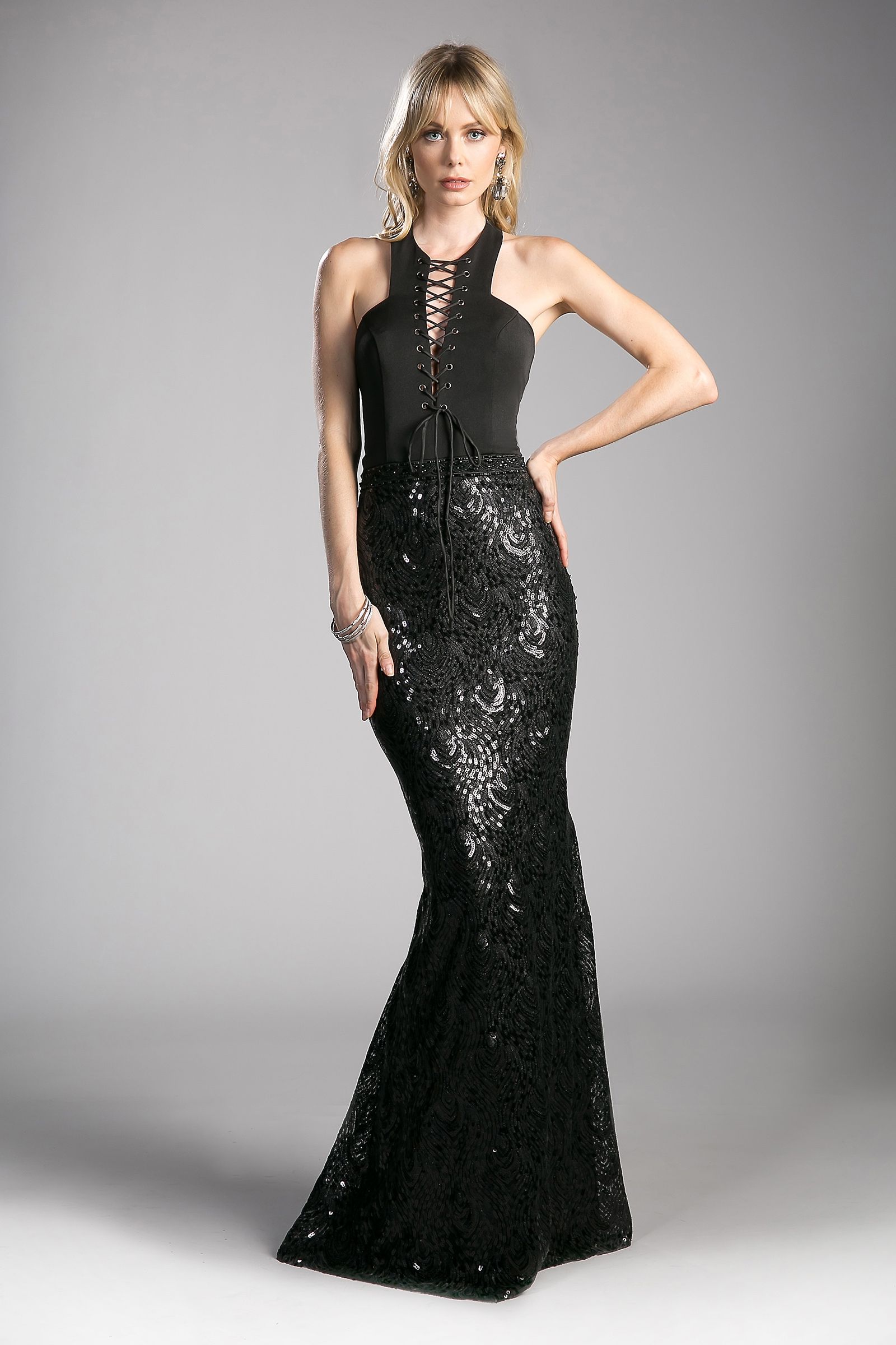 Fitted Sequin Gown With Halter Neckline-Mob-Tux-USA-4-Black-Urbanheer