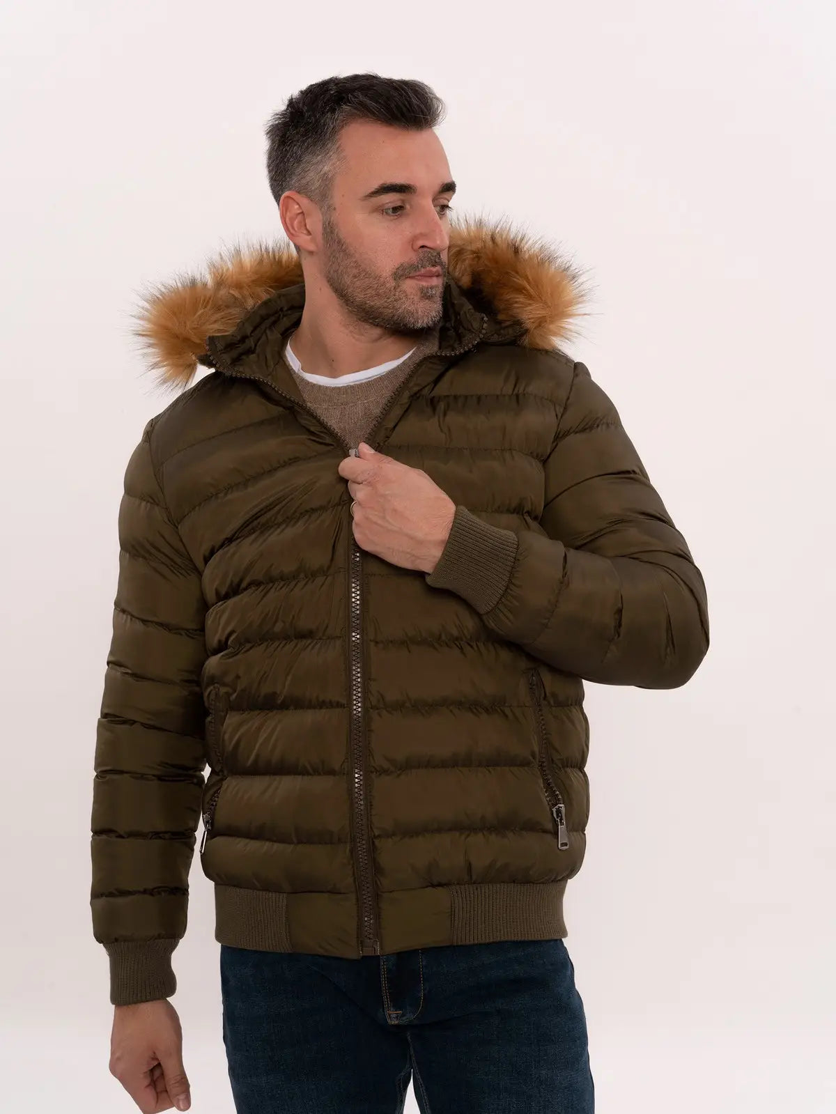 Khaki Fur Hooded Men'S Puffer Coat-Clothing - Men-Wessi-36-Navy-Urbanheer