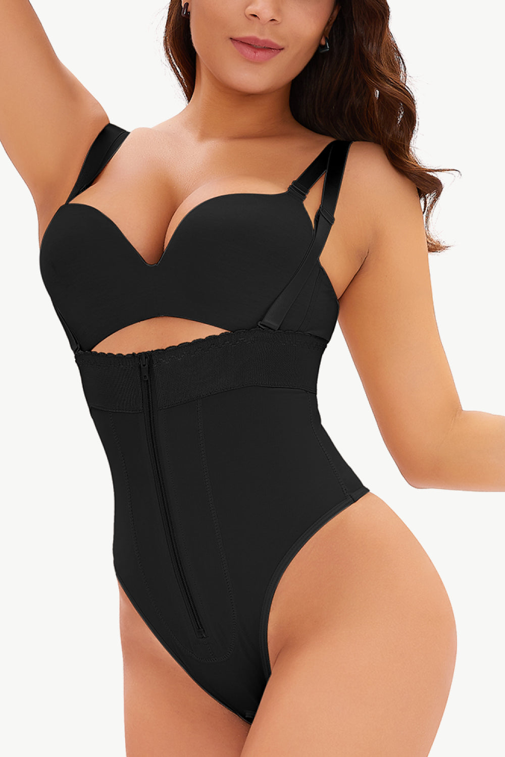 Full Size Adjustable Strap Zip-Up Shaping Bodysuit-Street 360-Black-S-Urbanheer
