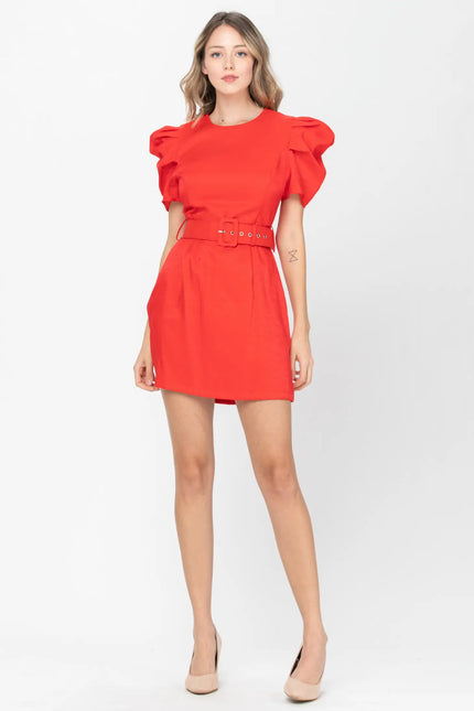 Bubble Sleeve Belted Mini Dress - Tomato-Neon Blush-Urbanheer