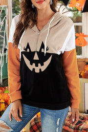 Halloween Pumpkin Face Color Block Quarter Zip Hoodie-UHXC-Orange-(US 4-6)S-Urbanheer
