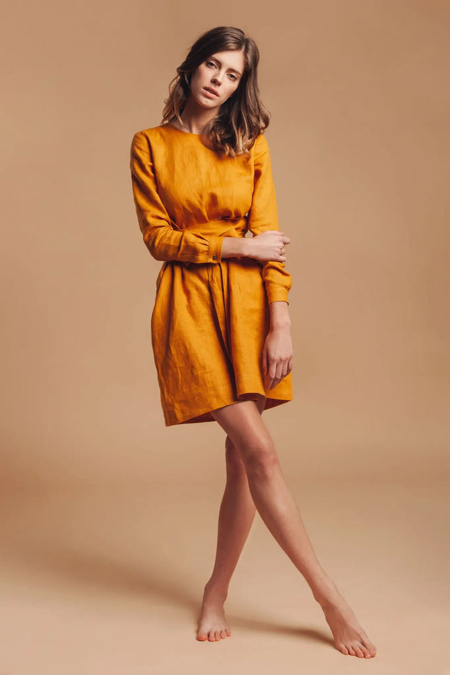 Linen Mustard Yellow Wrap Dress-Nich Linen-Urbanheer