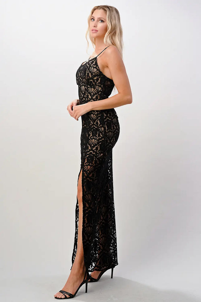 Front Slit Lace Maxi Dress - Black-MILEY + MOLLY-Urbanheer