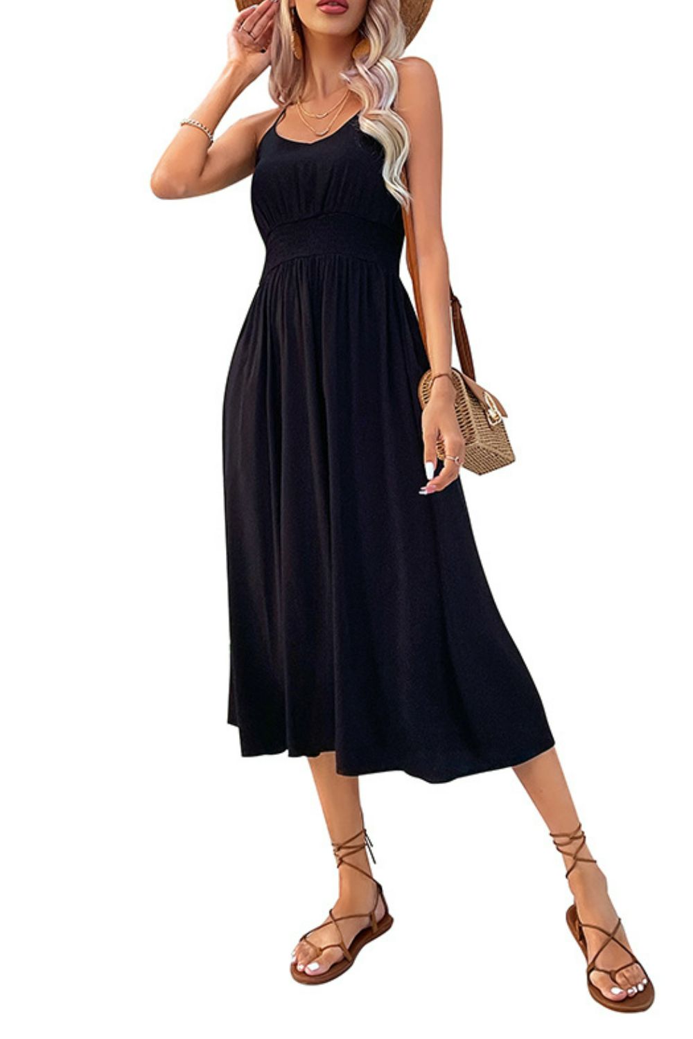 Spaghetti Strap Scoop Neck Midi Dress-Street 360-Black-S-Urbanheer