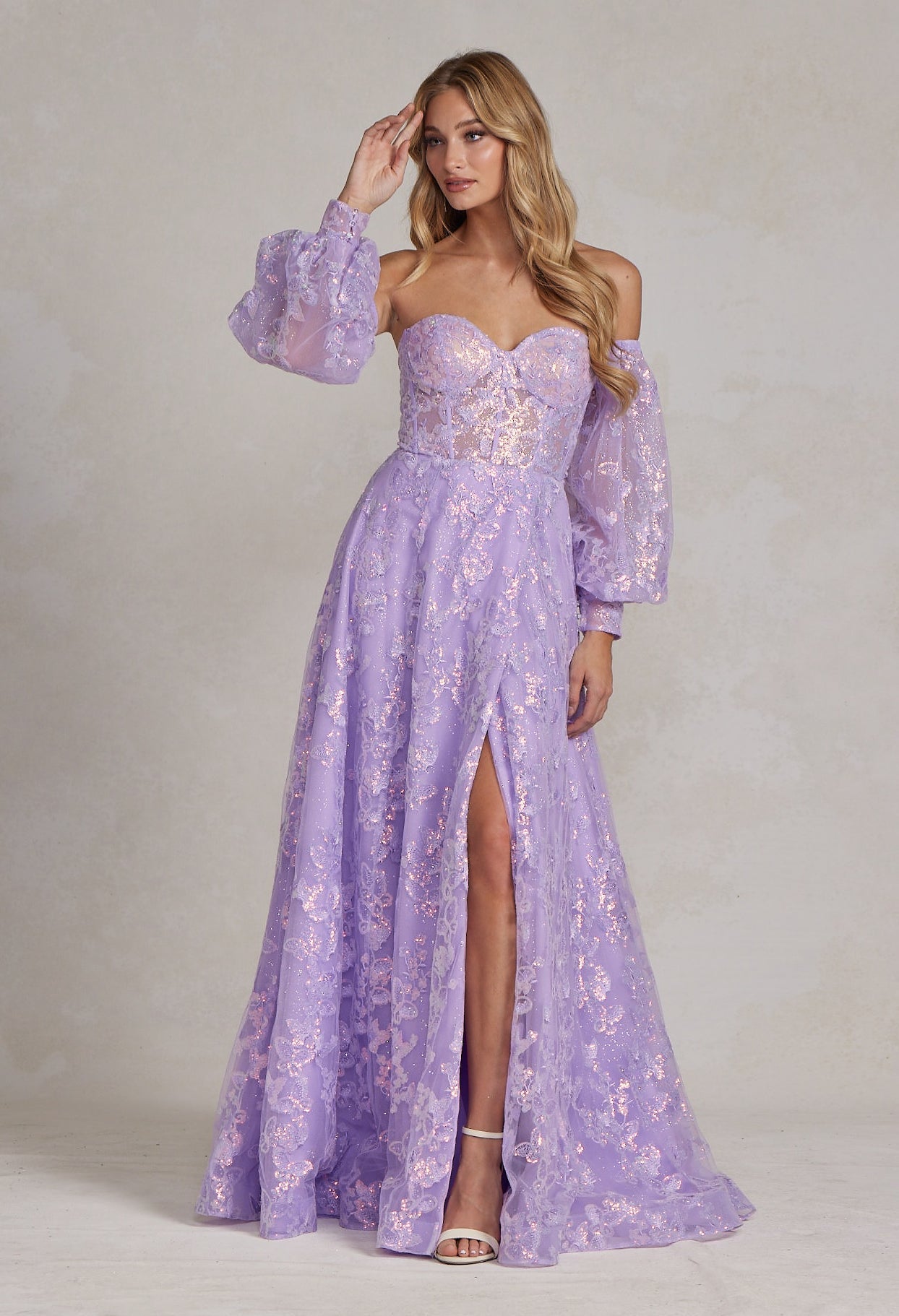 Off Shoulder Sweetheart Sheer Bodice Dress-NXAB-00-BLUE-Urbanheer