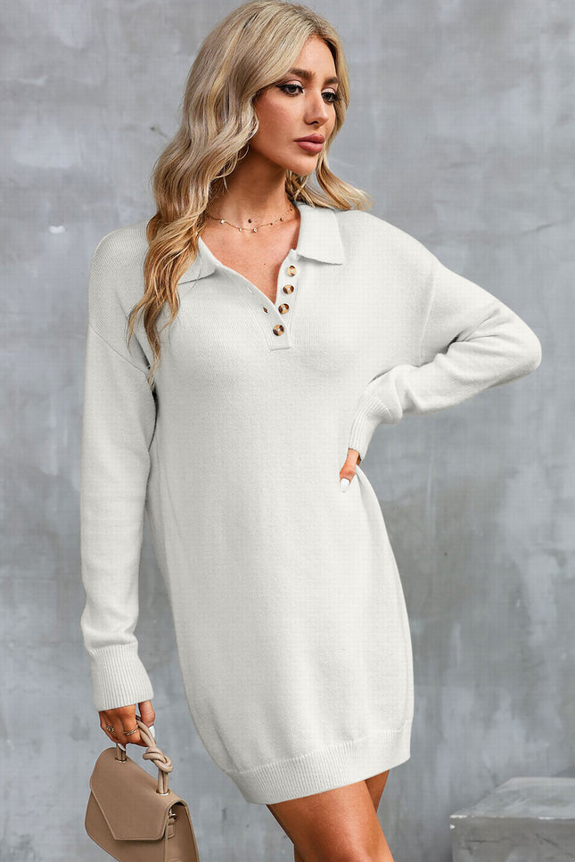 Buttoned Long Sleeve Sweater Dress-UHX-Cream-S-Urbanheer