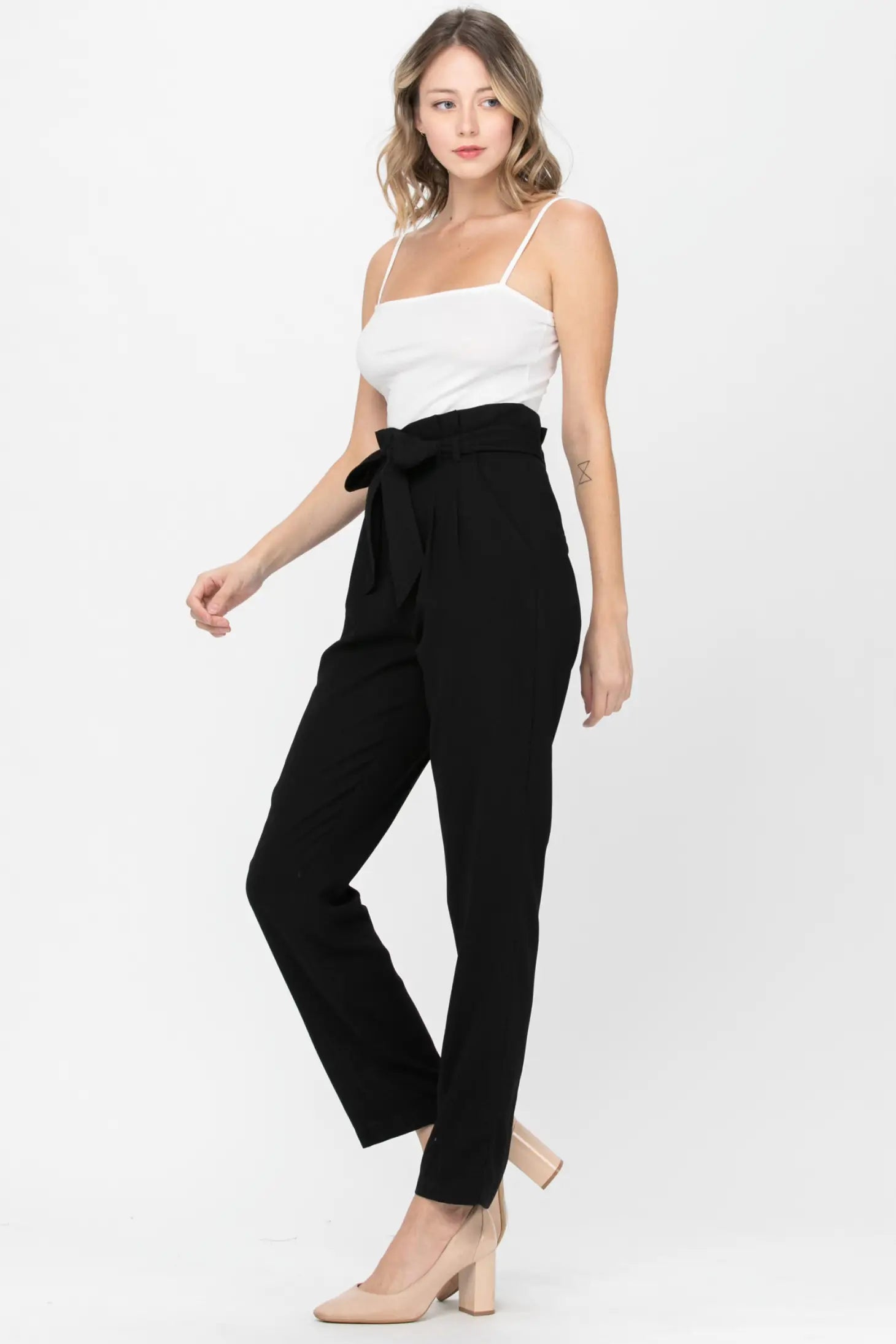 Belted Detail Straight Pants - Black-Neon Blush-S-Urbanheer