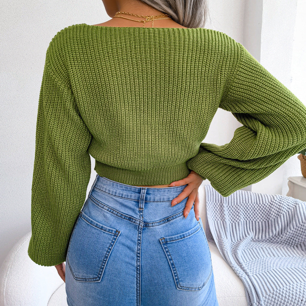 Tie-Front Rib-Knit Cropped Sweater-Street 360-Green-S-Urbanheer