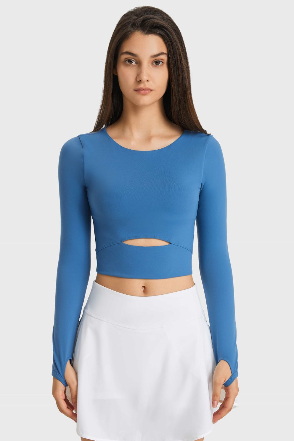 Cutout Long Sleeve Cropped Sports Top-Street 360-Blue-4-Urbanheer