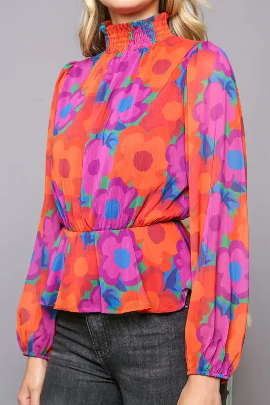 Abstract Flower Print Peplum Top-Peach Love California-S-Urbanheer