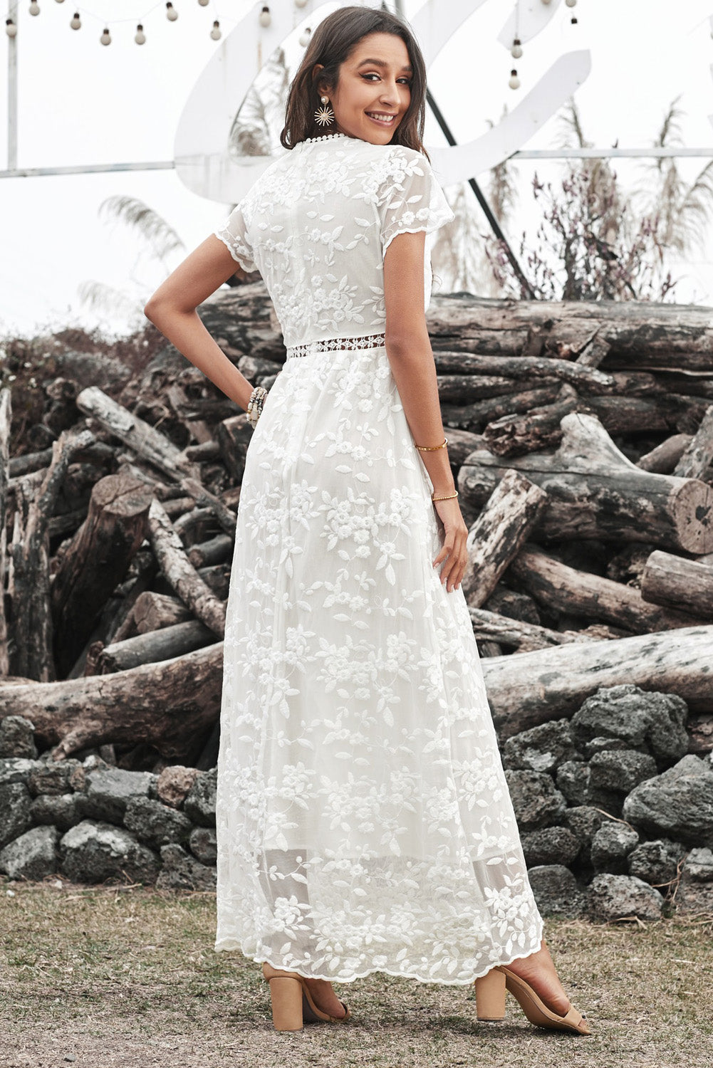 White V Neck Lace Maxi Dress-UHXC-White-(US 4-6)S-Urbanheer