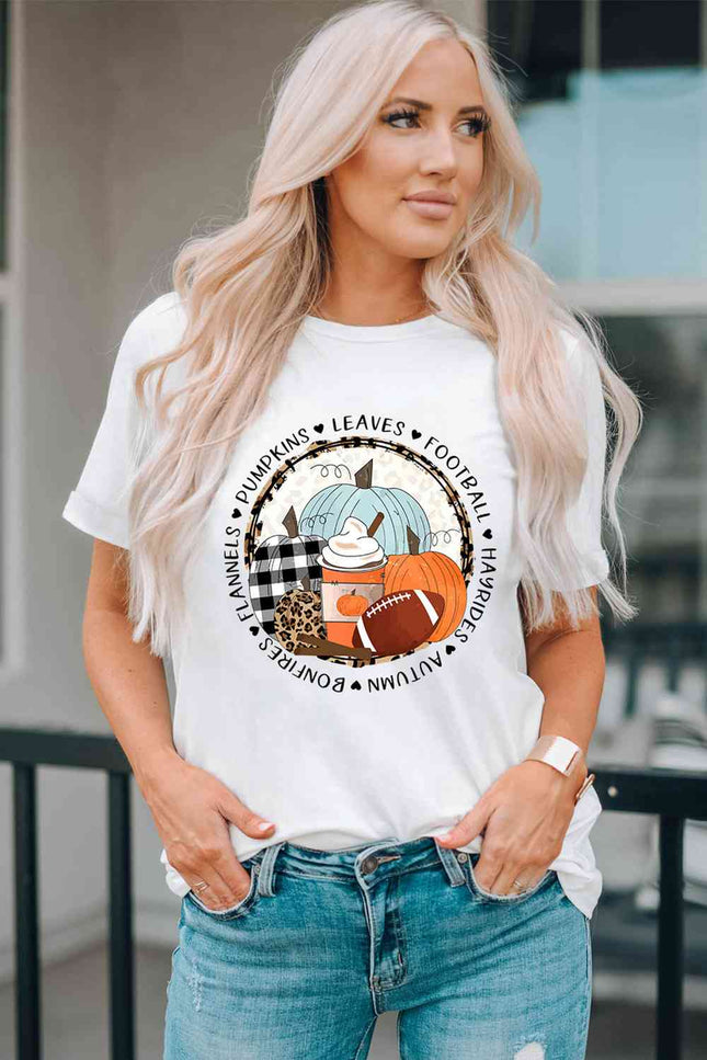 Pumpkin Graphic Round Neck Cuffed T-Shirt-UHX-White-S-Urbanheer