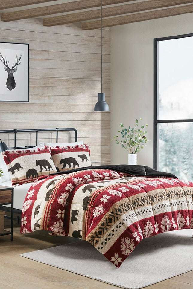 Winter Cabin Sherpa Comforter Set, Red.-Olliix-King-Urbanheer