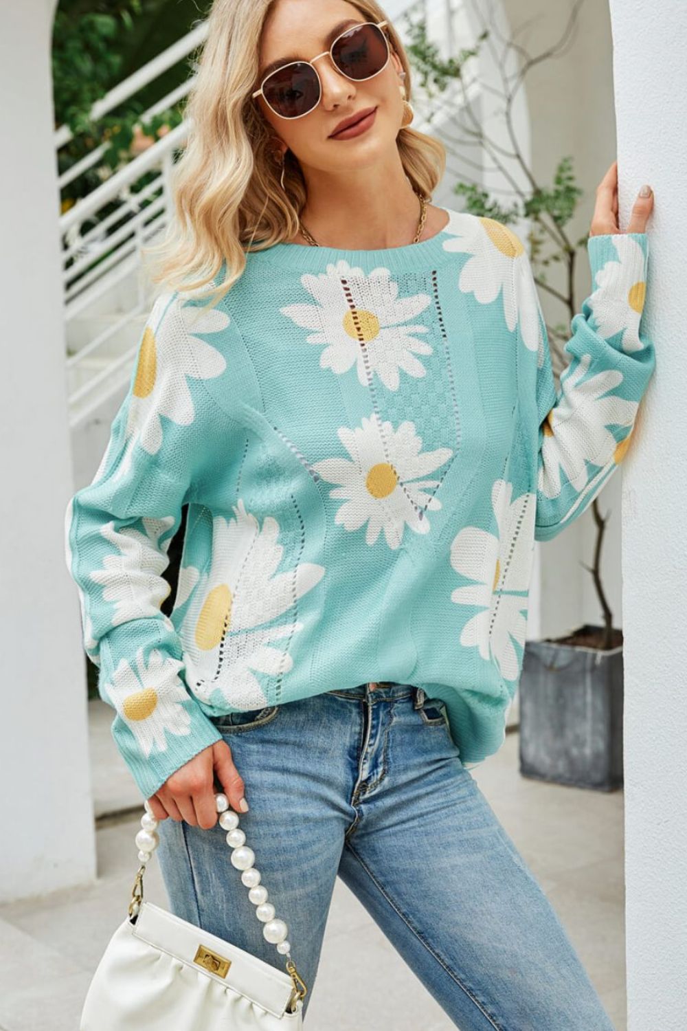 Daisy Print Openwork Round Neck Sweater-Street 360-Green-S-Urbanheer