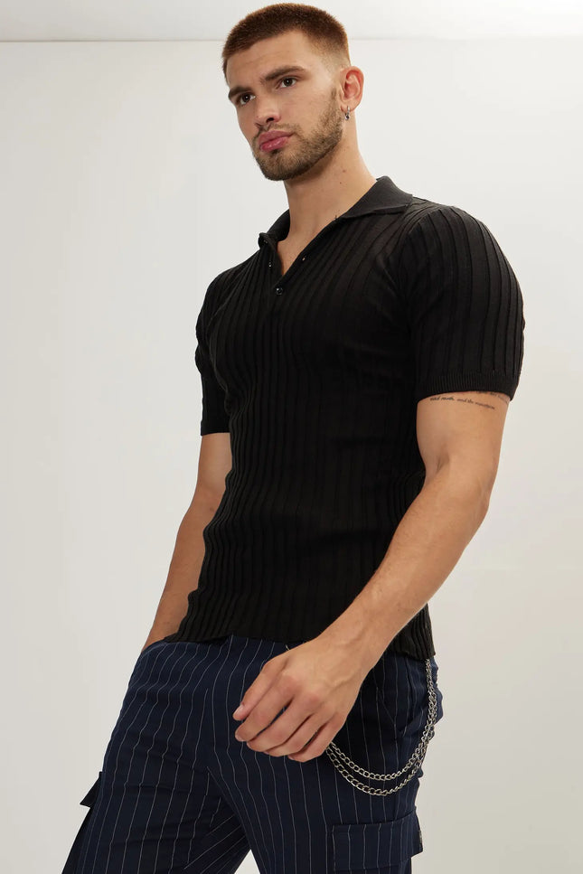 RT Ribbed Men's Polo T-Shirt - Black-Clothing - Men-Ron Tomson-Urbanheer