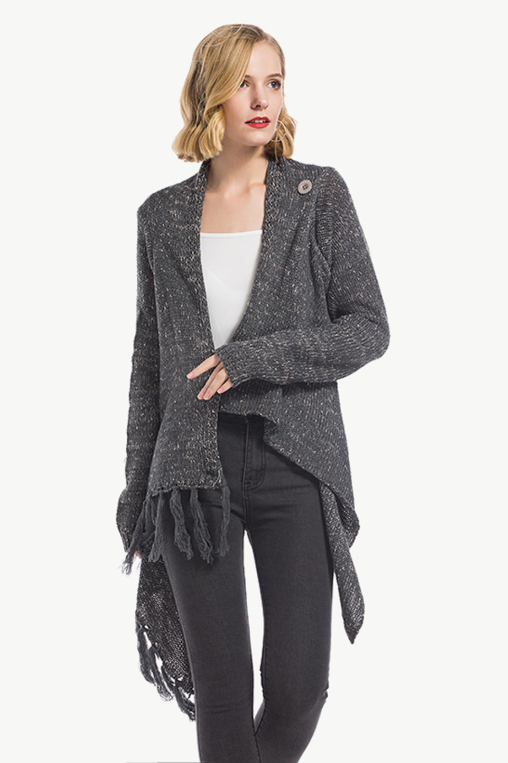 One-Button Tassel Tie Asymmetrical Hem Cardigan-Street 360-Dark Gray-S-Urbanheer